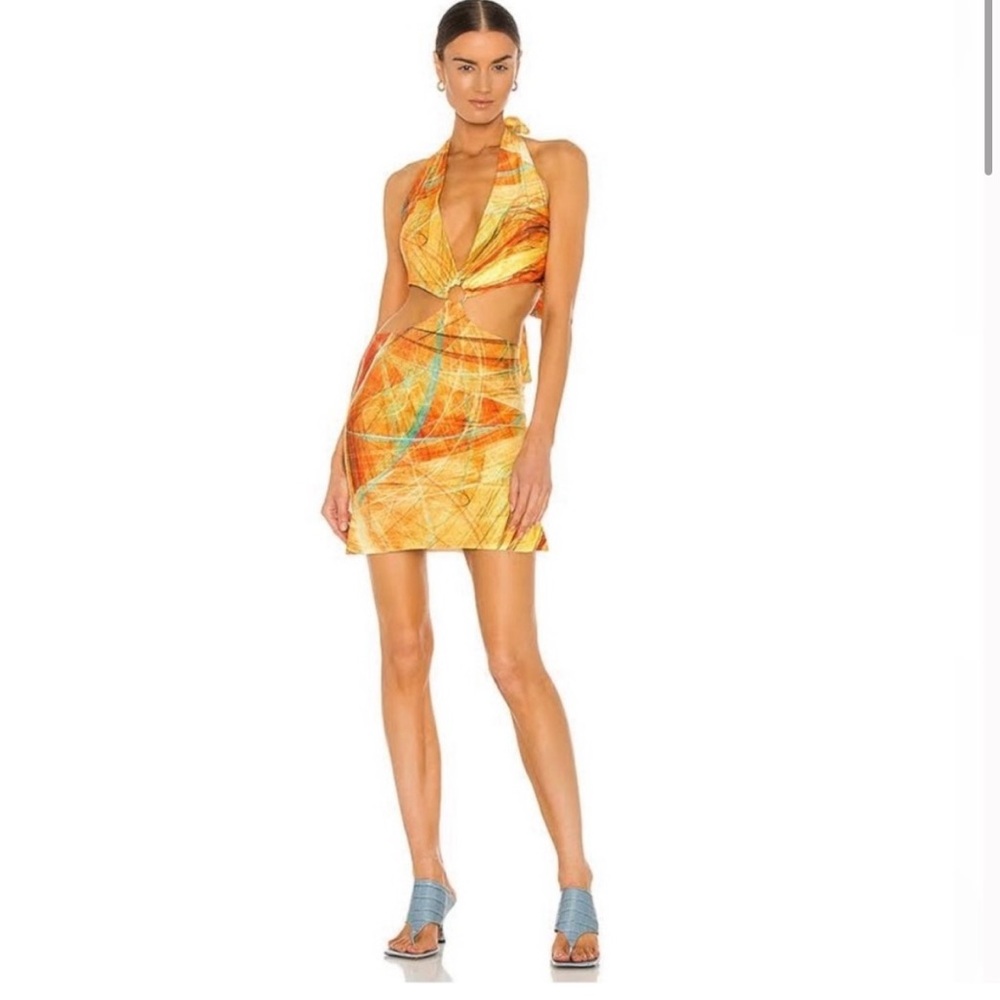 Farai London Orange Gold Cut Out Ruched Mini Dress